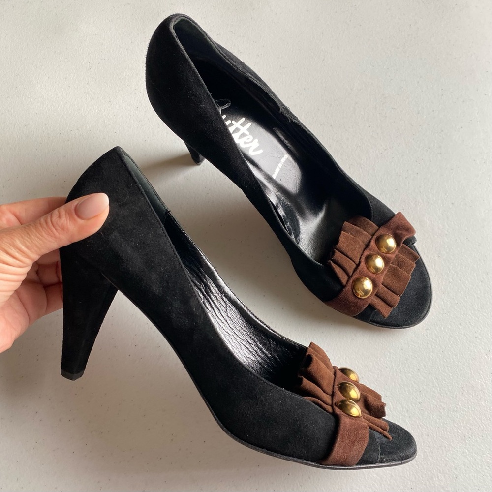 Butter Size 10 Black & Brown Suede Leather Fringe Tassle Peep-toe Stiletto Heel